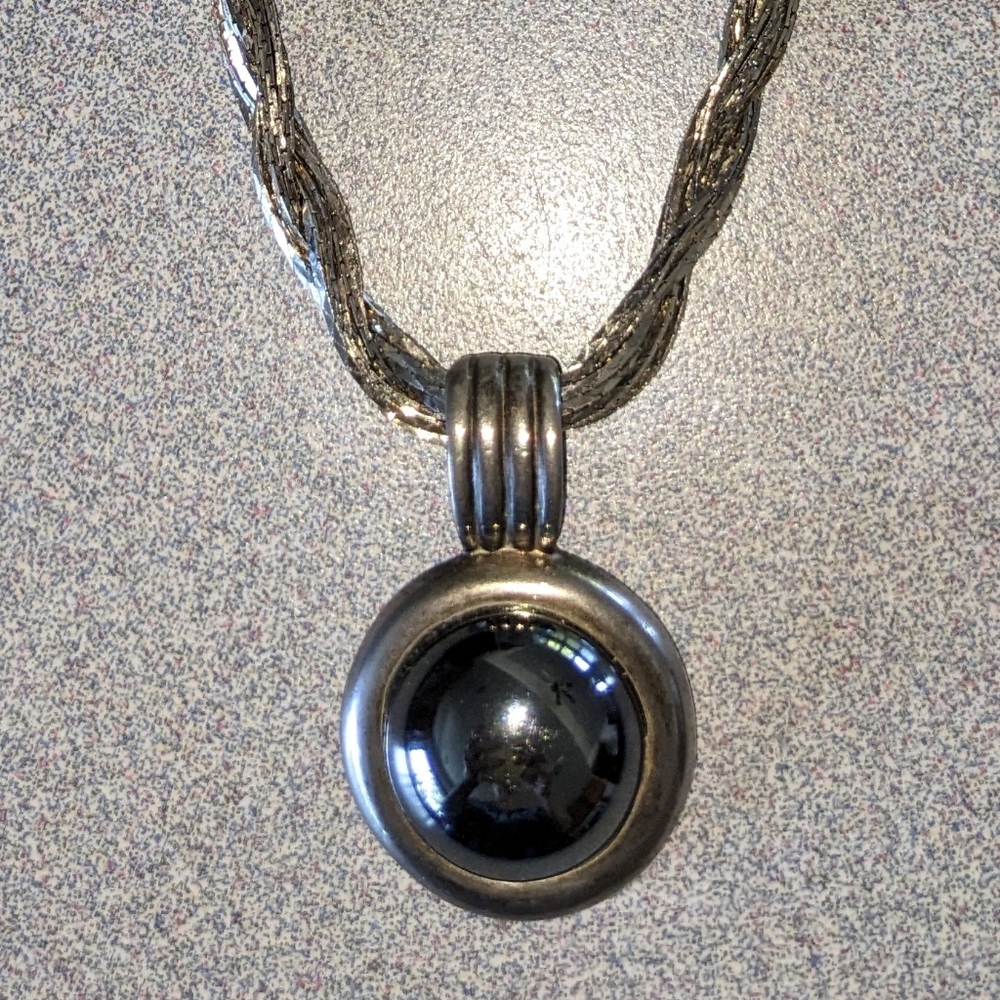 VTG RARE Lg Black Minimalist Hematite Pendant &Multi Strand 37g SS Chain Exc.Con